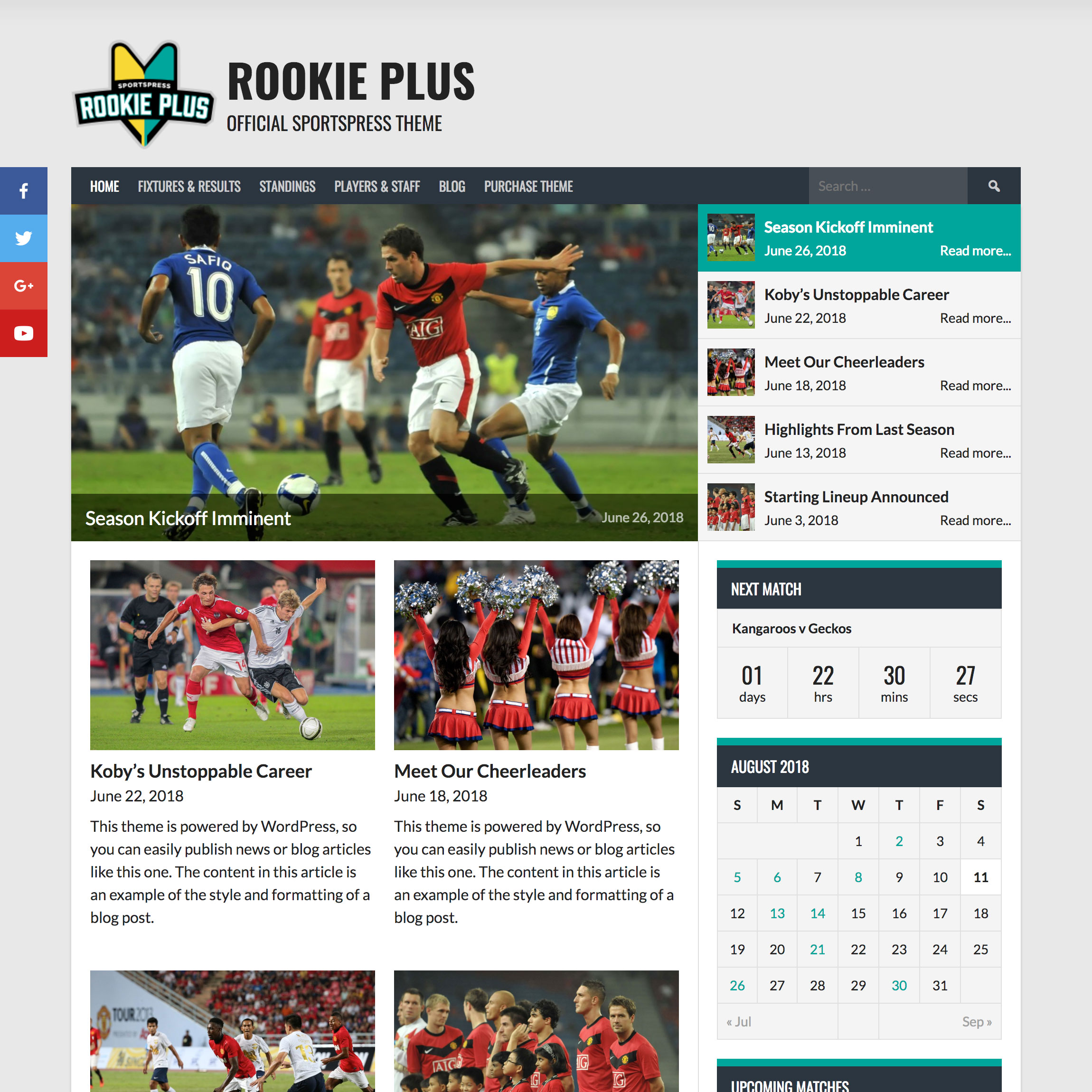 Rookie Plus slider, social sidebar, and news widget