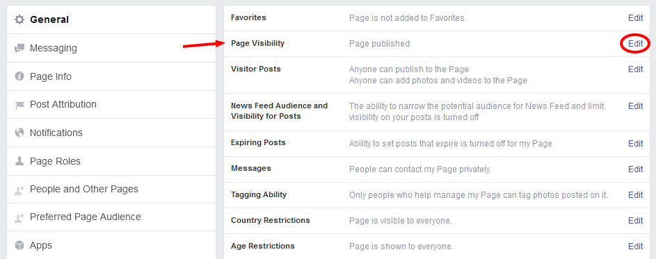 Facebook page visibility