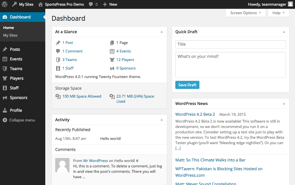 Team Manager View of Dashboard