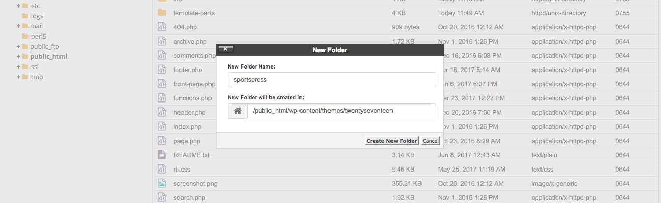 The New Folder pop-up in cPanel's File Manager.