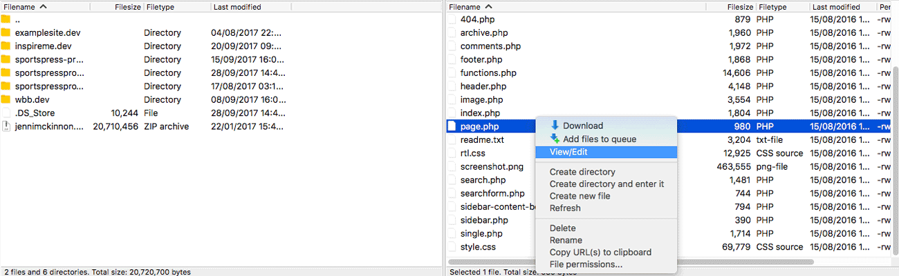 FileZilla screen showing WordPress files