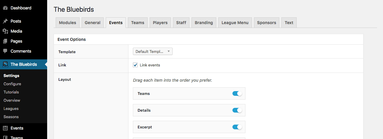 Events tab, SportsPress Settings page
