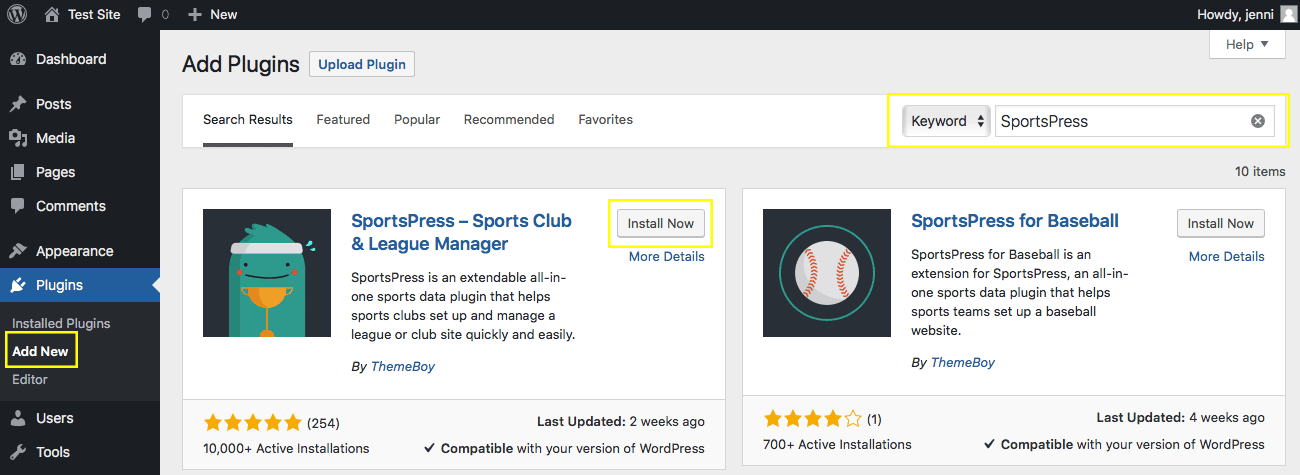 The Add New page for the plugins section with "SportsPress" typed in the search box.