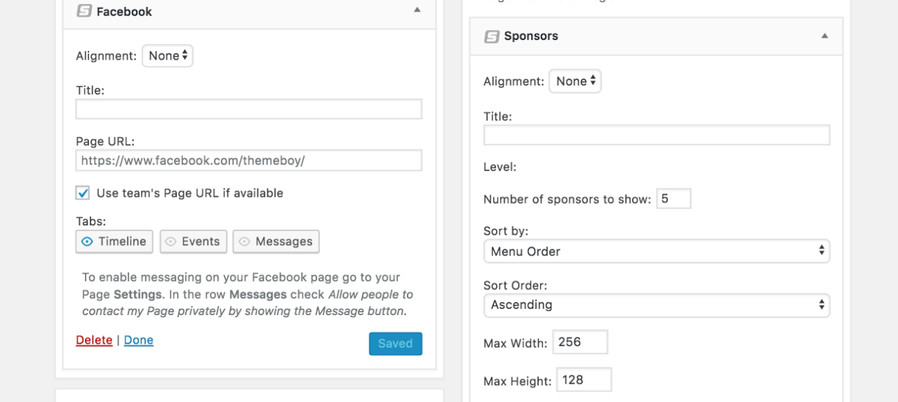 Facebook and Sponsors widgets in the back end