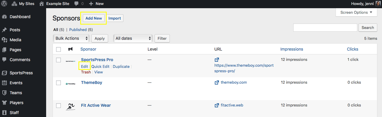 The Sponsors page that lists all the current sponsors in the admin dashboard