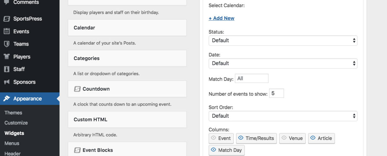 The options for the Event List widget.
