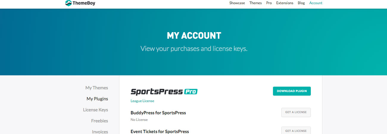 The SportsPress Pro My Plugins account page.