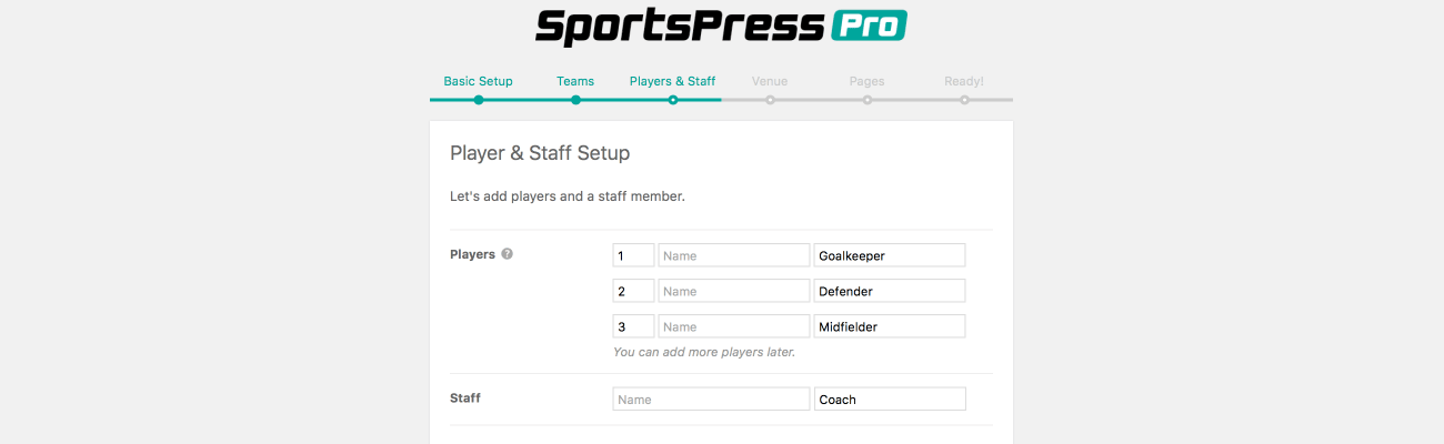 The players and staff setup page in the install wizard of SportsPress Pro.