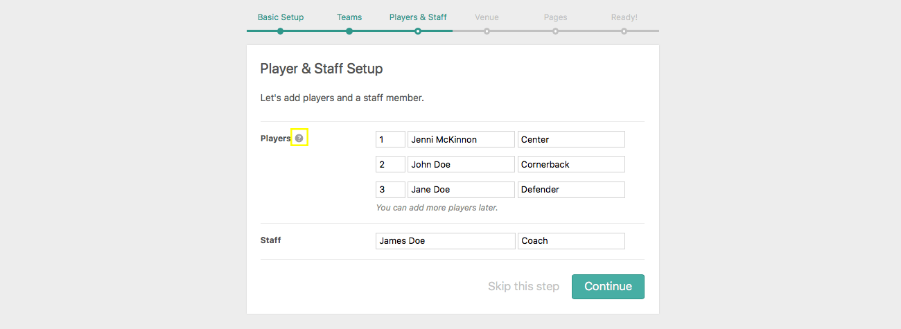 The Players and Staff setup page.