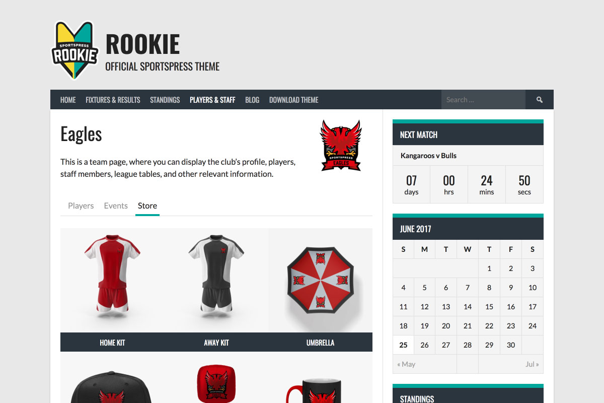 Example WooCommerce product page integrated with SportsPress and the Rookie theme.